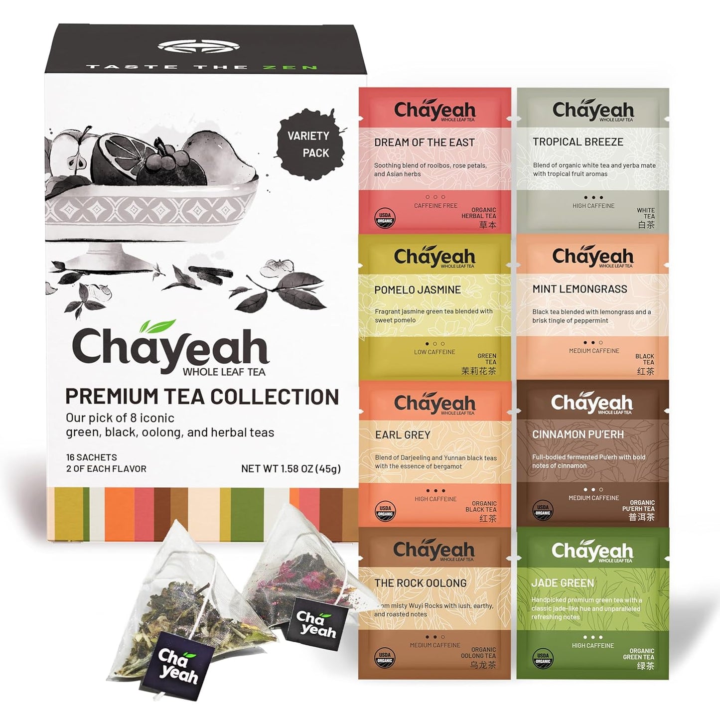 Chayeah, Premium Tea Collection (16 Pyramid Tea Sachets, 8 Assorted Flavors), Green, Black, Oolong, Pu’erh & Herbal Tea Sampler Variety Pack