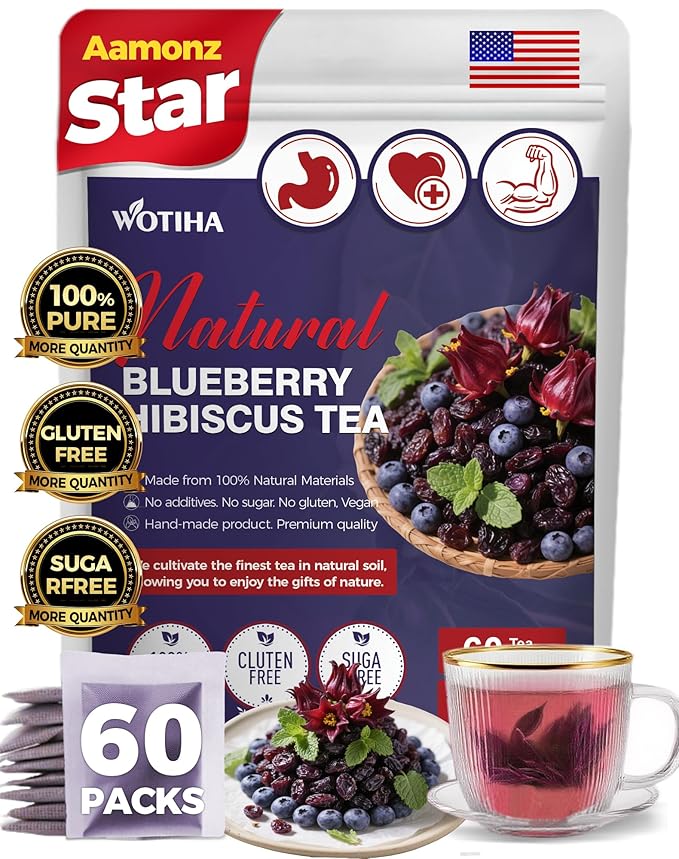 Natural Blueberry hibiscus tea 150g. 2.5gx60 teabags.100% natural ingredients Blueberry hibiscus Herbal tea bags.Additive-Free • Caffeine-Free •