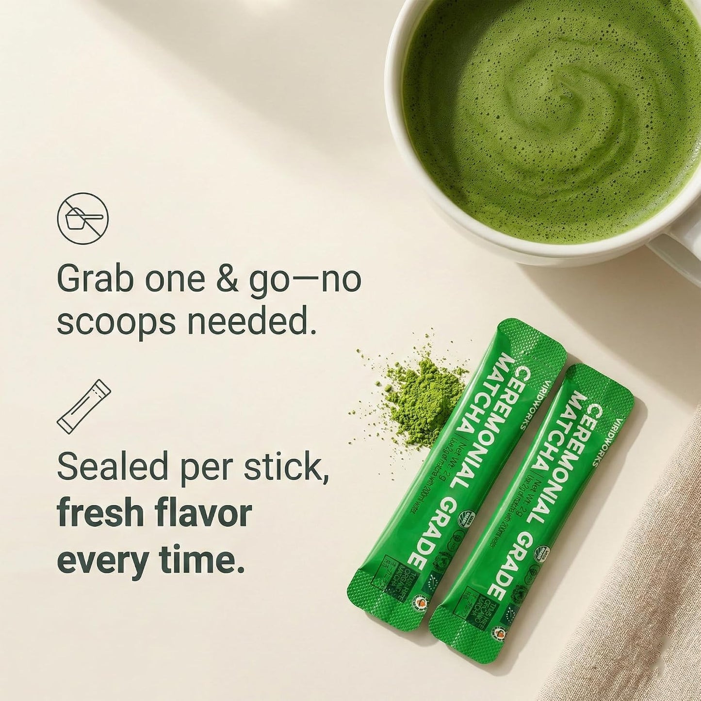 Viridworks Organic Matcha Packets - Ceremonial Single Serve Sticks, 30 Ct
