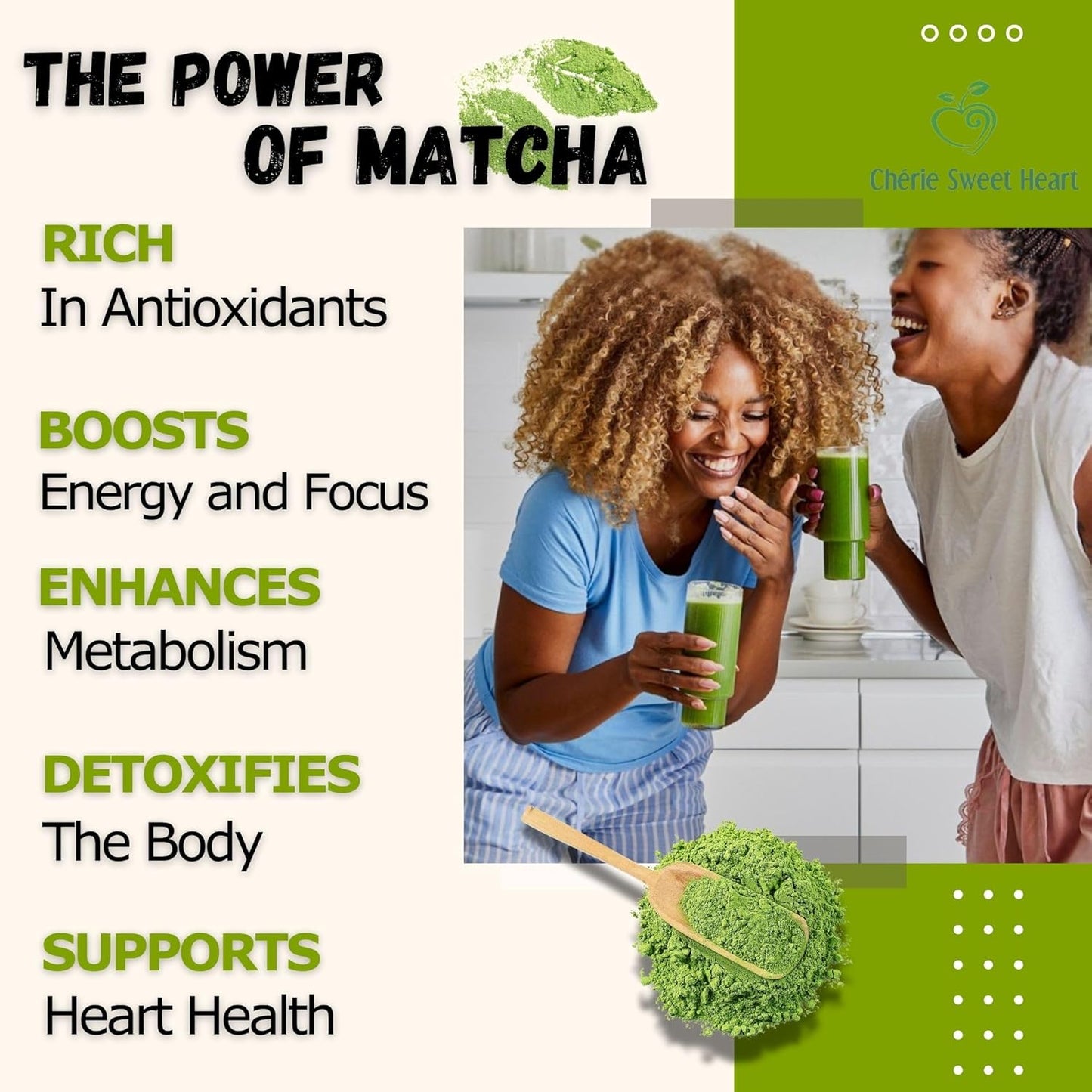 Organic Sweet Matcha Green Tea Powder - Cafe Style Blend by Cherie Sweet Heart - 16oz, Vegan & Gluten-Free, Rich in Antioxidants, Perfect for Lattes, Smoothies & Baking