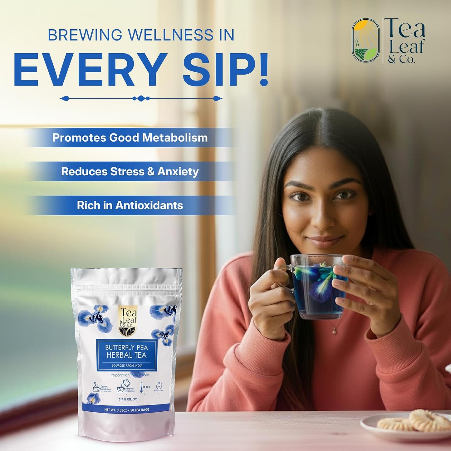 Tealeaf &amp; Co. Butterfly Pea Herbal Tea Bags Blended with Fresh Herbs - Herbal Tea with Butterfly Pea Flower - Contains Low Caffeine - Gluten Free - 50Teabags (3.52oz/100gm)