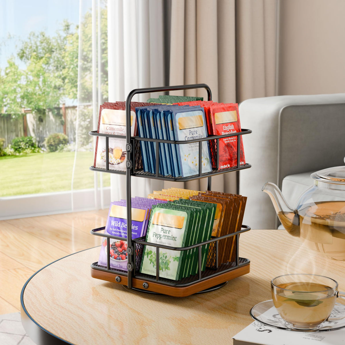 Tea Bunch Rotating 2 Tier Tea Bag Organizer, 360° Spinning Teabag Organizer