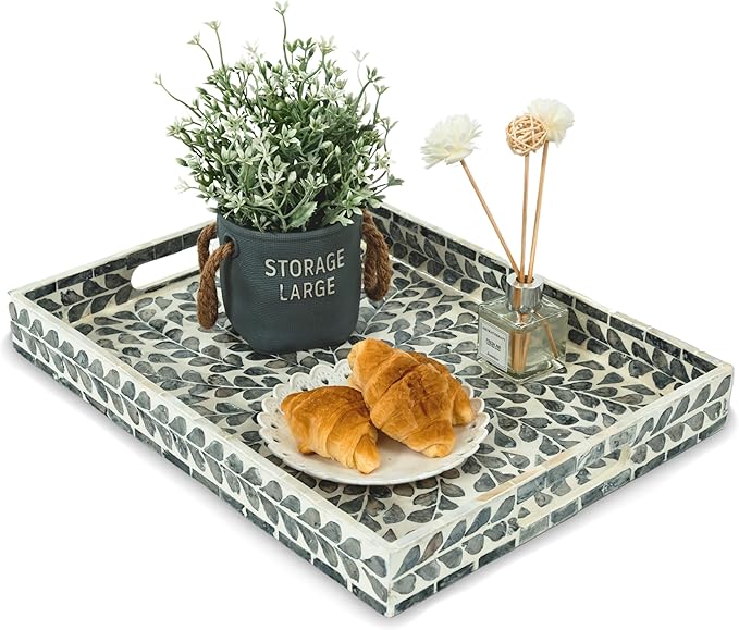 CLAYNIX Serving Tray 15.7" X11.8", Lacquer Mother of Pearl Inlay Mosaic Tray, Rectangle Wooden Marble Tray with Handles Trays for Tea, Breakfast in Bed, Table (Black Leaf)
