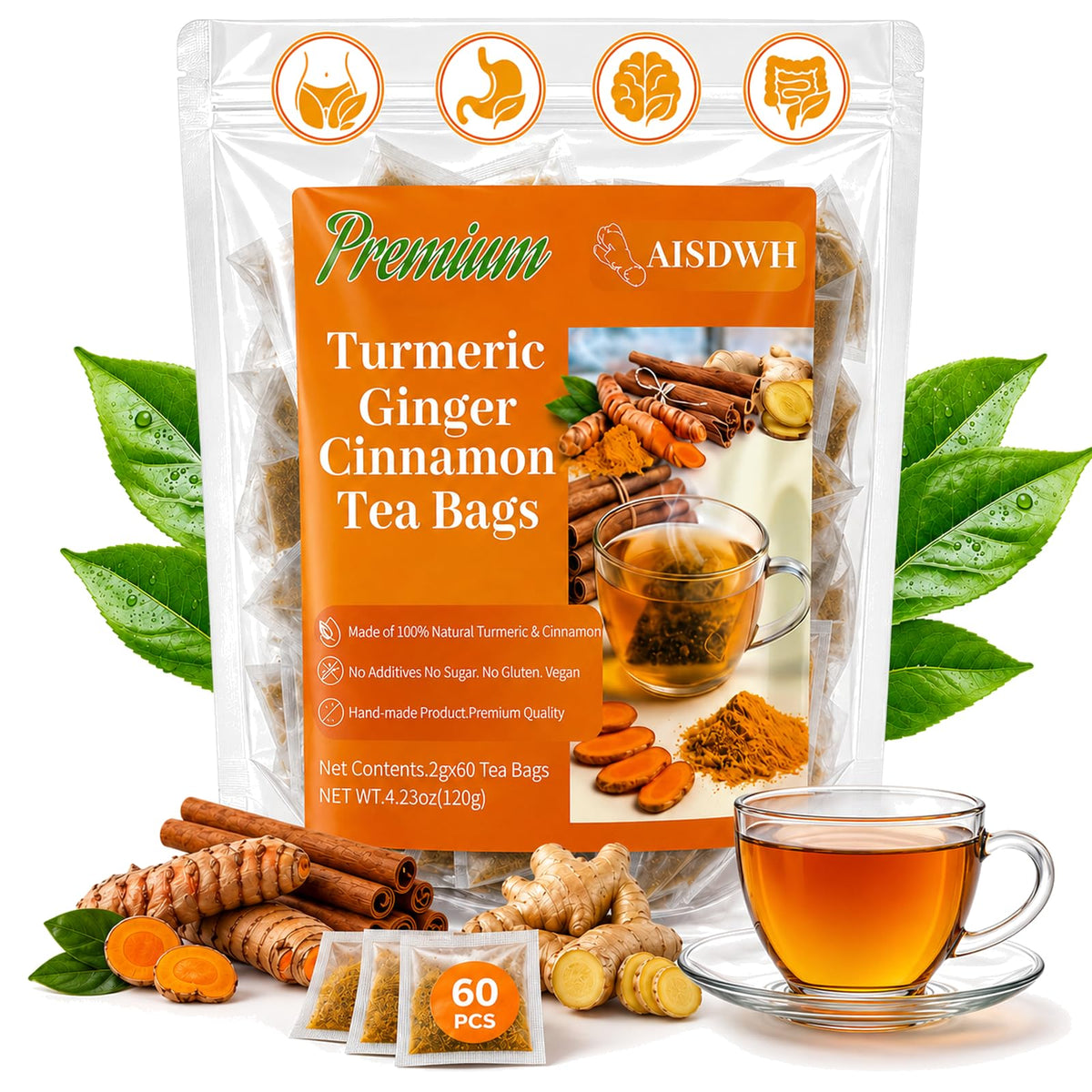 AISDWH, 60 Premium Turmeric Ginger Cinnamon Tea Bags, Caffeine-Free