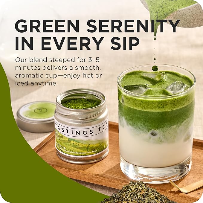 Tastings Tea Ceremonial Grade Matcha Powder | Organic Green Tea from Japan | JONA Organic Certified Japanese Drink in a Foil Bag & Reusable Gift Tin | Natural Caffeine with Antioxidants for Wellness