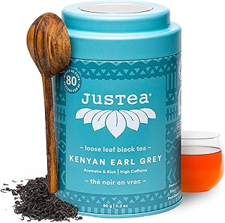 JusTea KENYAN EARL GREY | Loose Leaf Black Tea | Tin with Hand Carved Tea Spoon | 40+ Cups (3.2oz) | High Caffeine | Award-Winning | Fair Trade | Non-GMO