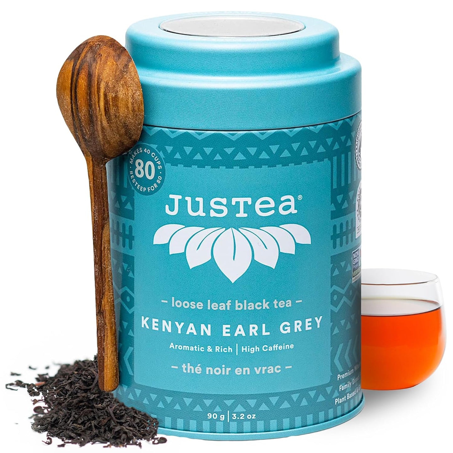 JusTea KENYAN EARL GREY Loose Black Tea, 40+ Cups Tin + Spoon, 4/5 Caffeine | Fair-Trade KENYAN EARL GREY Loose Leaf Black Tea. 90g/3.2oz Reusable Tin with a Hand-Carved Tea Spoon. 4/5 Caffeine. Organic.