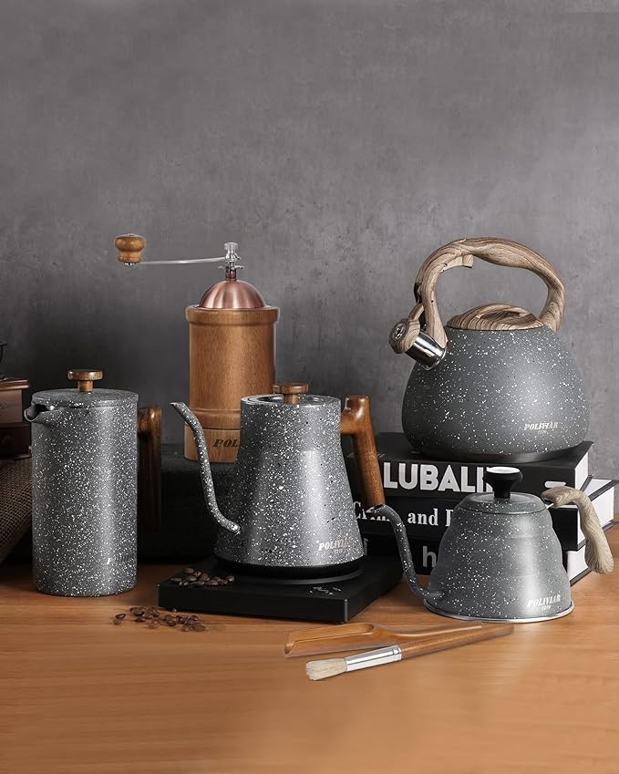 Poliviar Tea Kettle, 2.7 Quart Natural Stone Finish with Wood Pattern Handle Loud Whistle Food Grade Stainless Steel Teapot