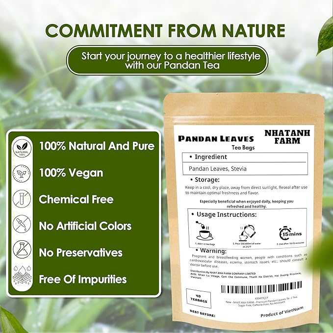 Nhat ANH Farm - Premium Pandan Leaves Tea Bags, 40 Pandan Leaves Tea Bags, 100% Natural Dried Pandan Leaves, Naturally Sweet Herbal Tea, Sugar-Free