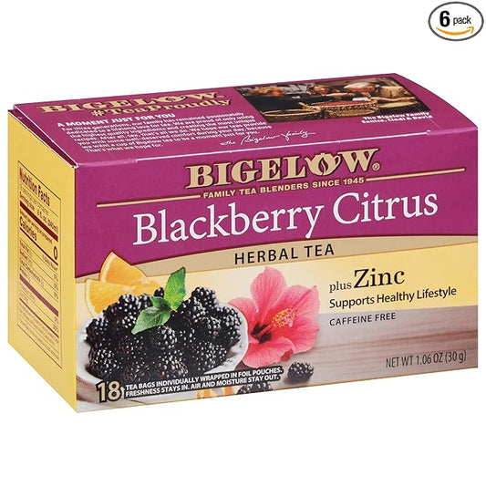 Bigelow Tea Blackberry Citrus Plus Zinc Herbal Tea, Caffeine Free Tea with Blackberry, 18 Count Box (Pack of 6), 108 Total Tea Bags