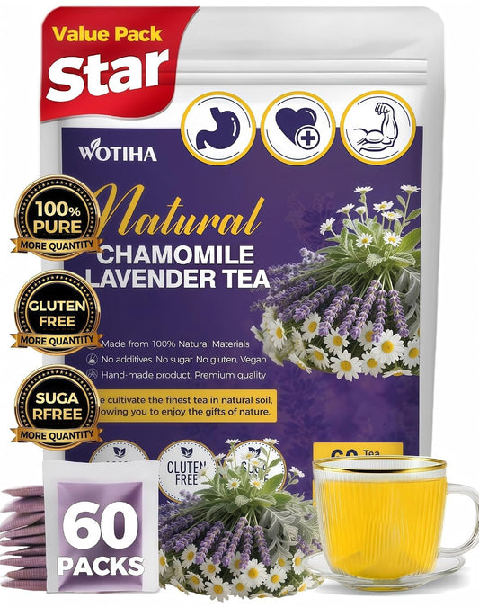 WOTIHA 60 Count Premium Chamomile Lavender Tea Bags - 100% Pure Flowers, Soothing Aroma, Supports Relaxation &amp; Better Sleep, Caffeine-Free, Additive-Free, Sugar-Free, Vegan.Non-GMO