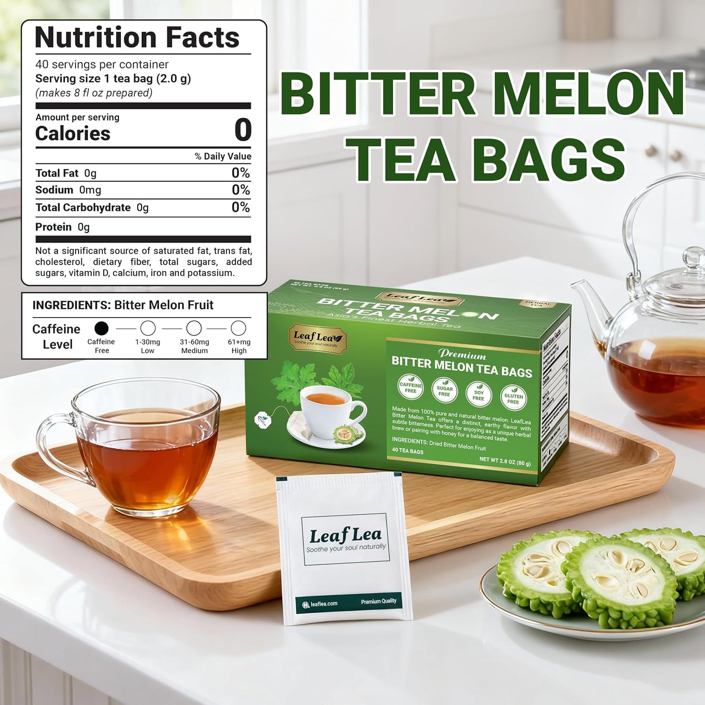 LeafLea Bitter Melon Tea Bags, Wellness &amp; Digestion Support, 40 Count
