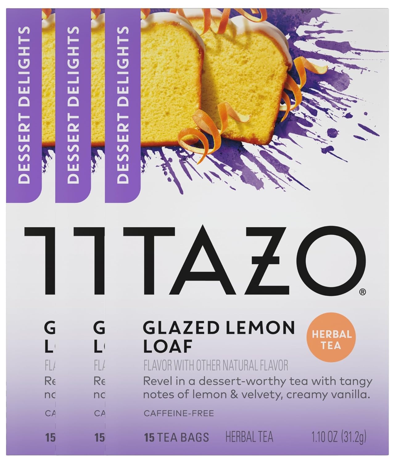 Tazo Glazed Lemon Loaf Herbal Tea Bags, Dessert Delights Collection, Caffeine-Free, Aromatic Lemon & Vanilla Blend, 45 Tea Bags Total (15 ct