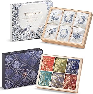 TeaRove Premium Tea Sampler Gift Set with Gold-Foil Presentation Box, 24 Assorted Variety Pyramid Infuser Bags, 6 Flavors Handcrafted Black, Oolong, Jasmine Green, Herbal Tea Sampler Gift for Tea Lov