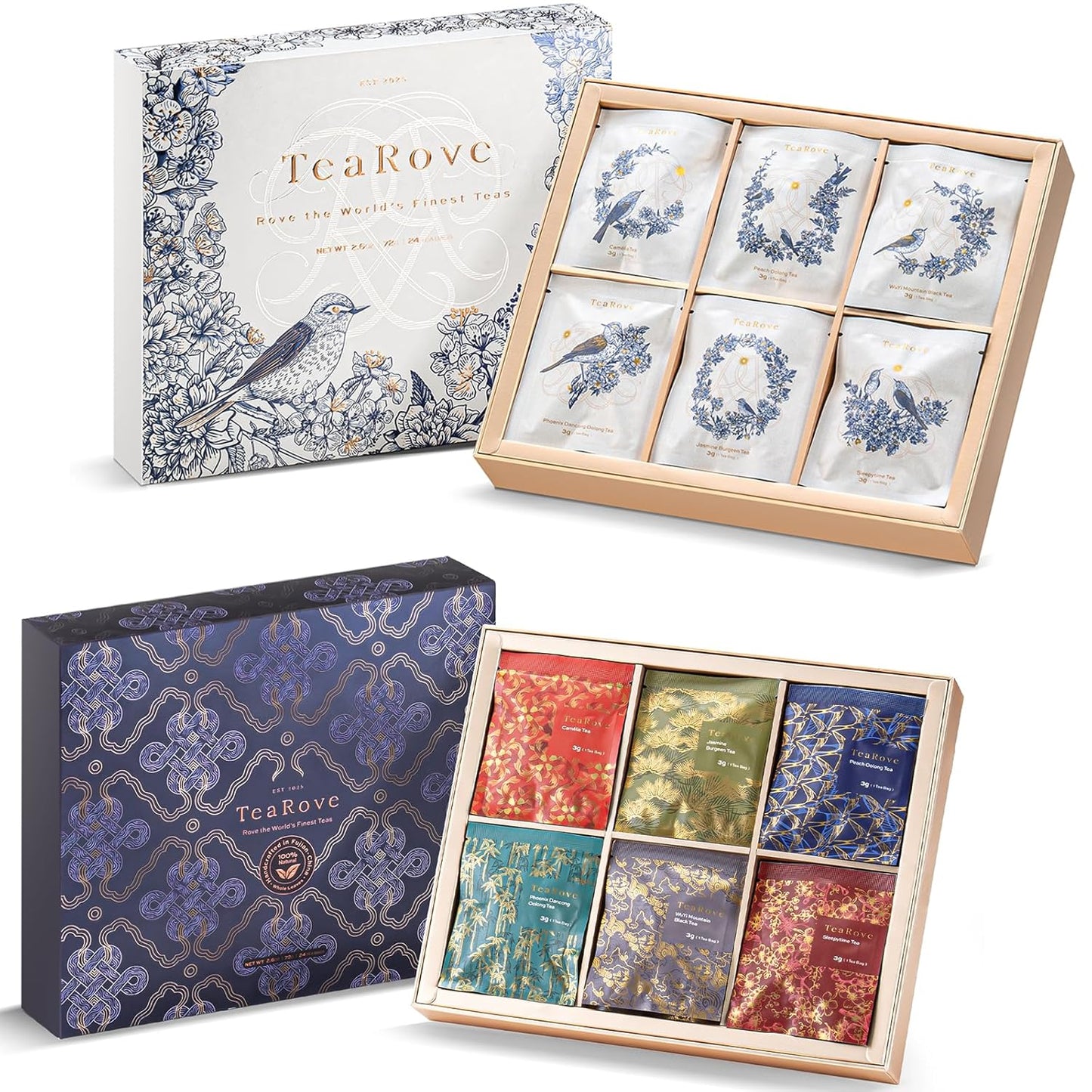 TeaRove Premium Tea Sampler Gift Set with Gold-Foil Presentation Box, 24 Assorted Variety Pyramid Infuser Bags, 6 Flavors Handcrafted Black, Oolong, Jasmine Green, Herbal Tea Sampler Gift for Tea Lov