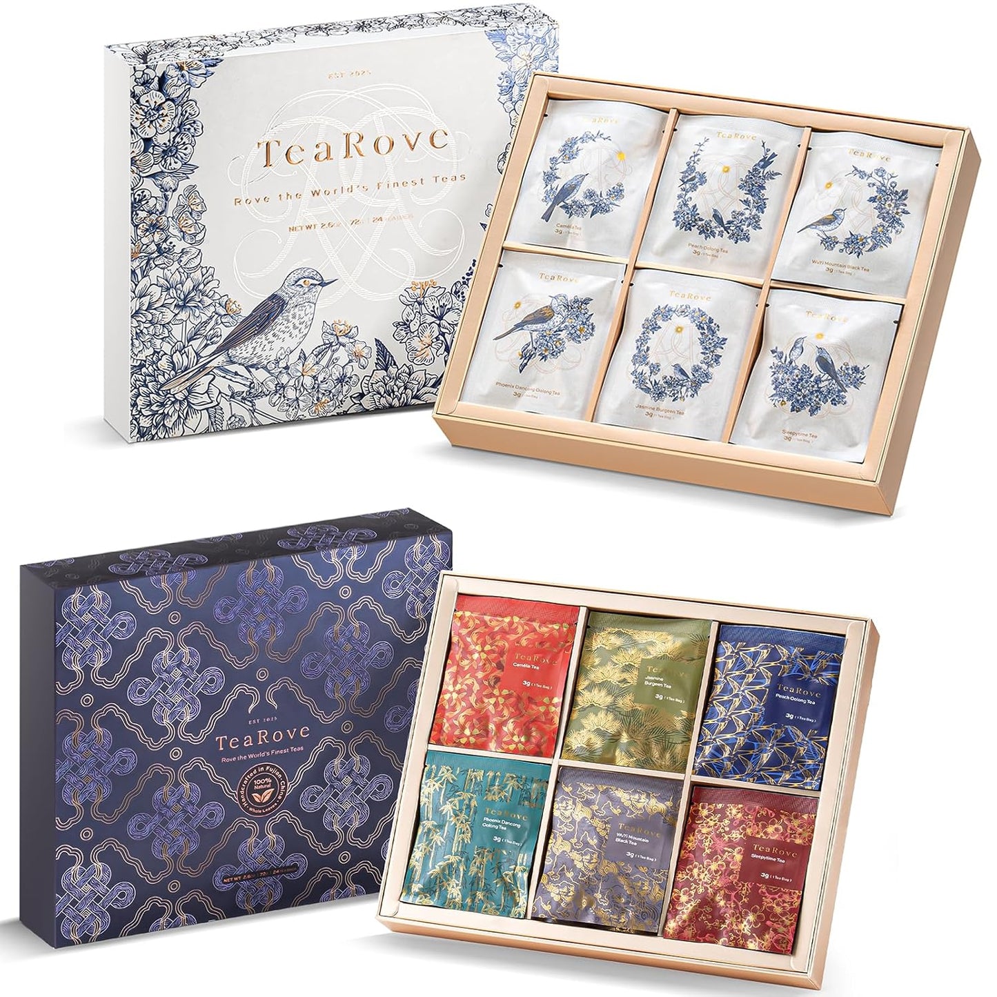 TeaRove Premium Tea Sampler Gift Set with Gold-Foil Presentation Box, 24 Assorted Variety Pyramid Infuser Bags, 6 Flavors Handcrafted Black, Oolong
