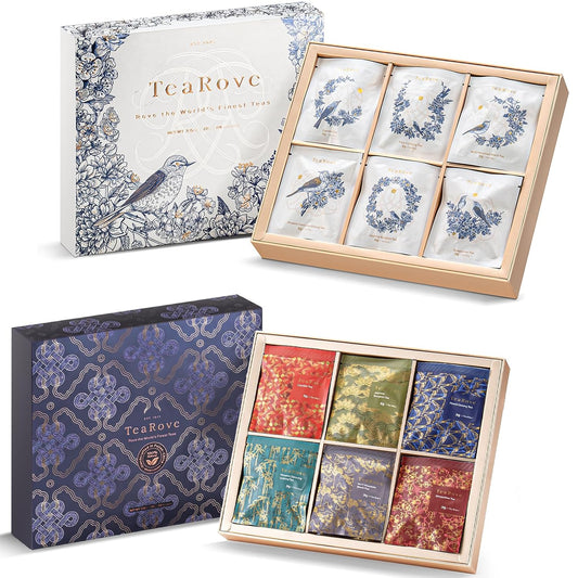 TeaRove Premium Tea Sampler Gift Set with Gold-Foil Presentation Box, 24 Assorted Variety Pyramid Infuser Bags, 6 Flavors Handcrafted Black, Oolong