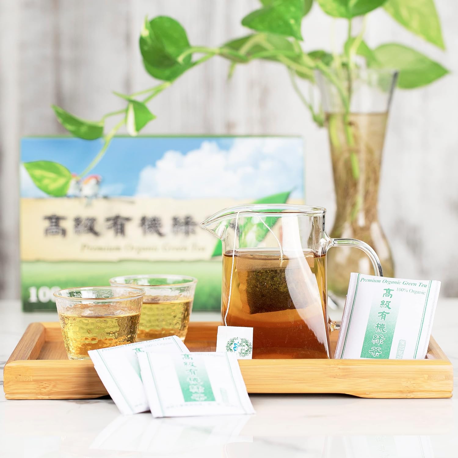 Wing Hop Fung Premium Organic Green Tea Fresh Sealed Natural Leaves Individually Wrapped 100 Tea Bags Perfect for Hot or Iced Tea