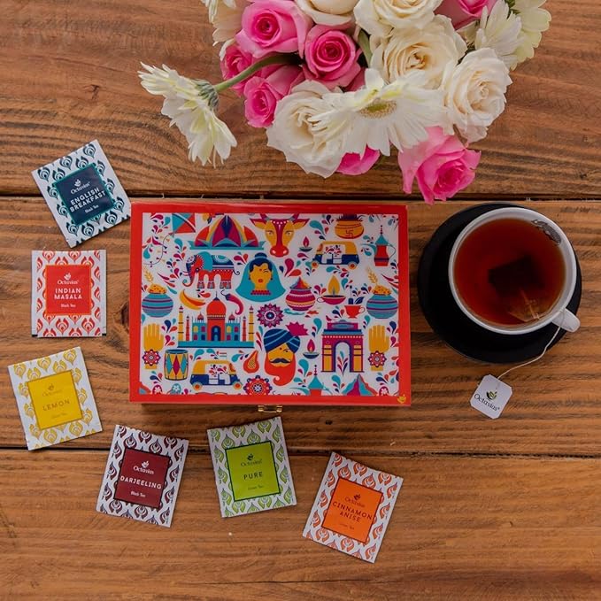 Octavius Gift's Select - Assorted Tea in Multi Design Printed Wooden Box | 6 Flavors, 90 Tea Bags | Black & Green Tea | Tea Gifts for Women & Men | Tea Variety Pack
