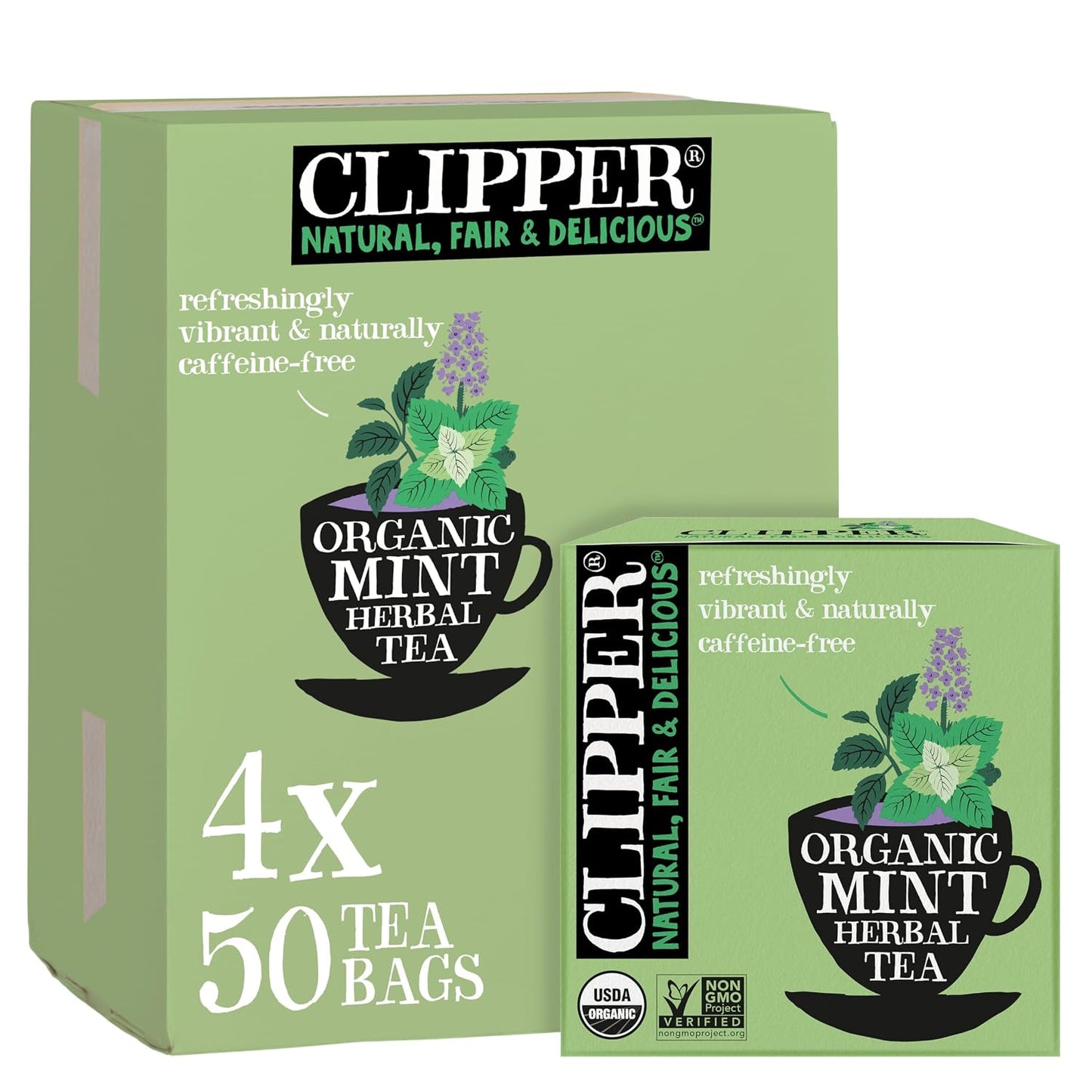 Clipper Organic Mint Herbal Tea, 4 Pack / 200 Tea Bags | Naturally caffeine free herbal tea in unbleached tea bags, USDA Organic, Non-GMO approved
