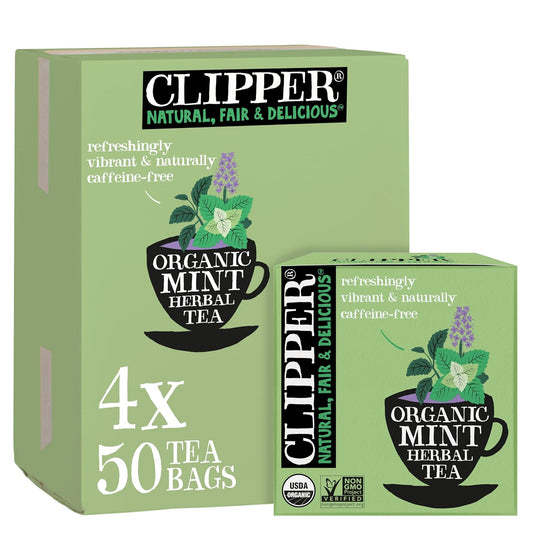 Clipper Organic Mint Herbal Tea, 4 Pack / 200 Tea Bags | Naturally caffeine free herbal tea in unbleached tea bags, USDA Organic, Non-GMO approved