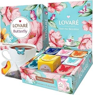 LOVARE Assorted Tea Pyramid Bags 45 Pack - Made in Ukraine - 9 Tastes of Tea Sampler Pyramids - Assortment with Black and Green Tea, Fruits, Flowers, Berries - Flavored Gift Box