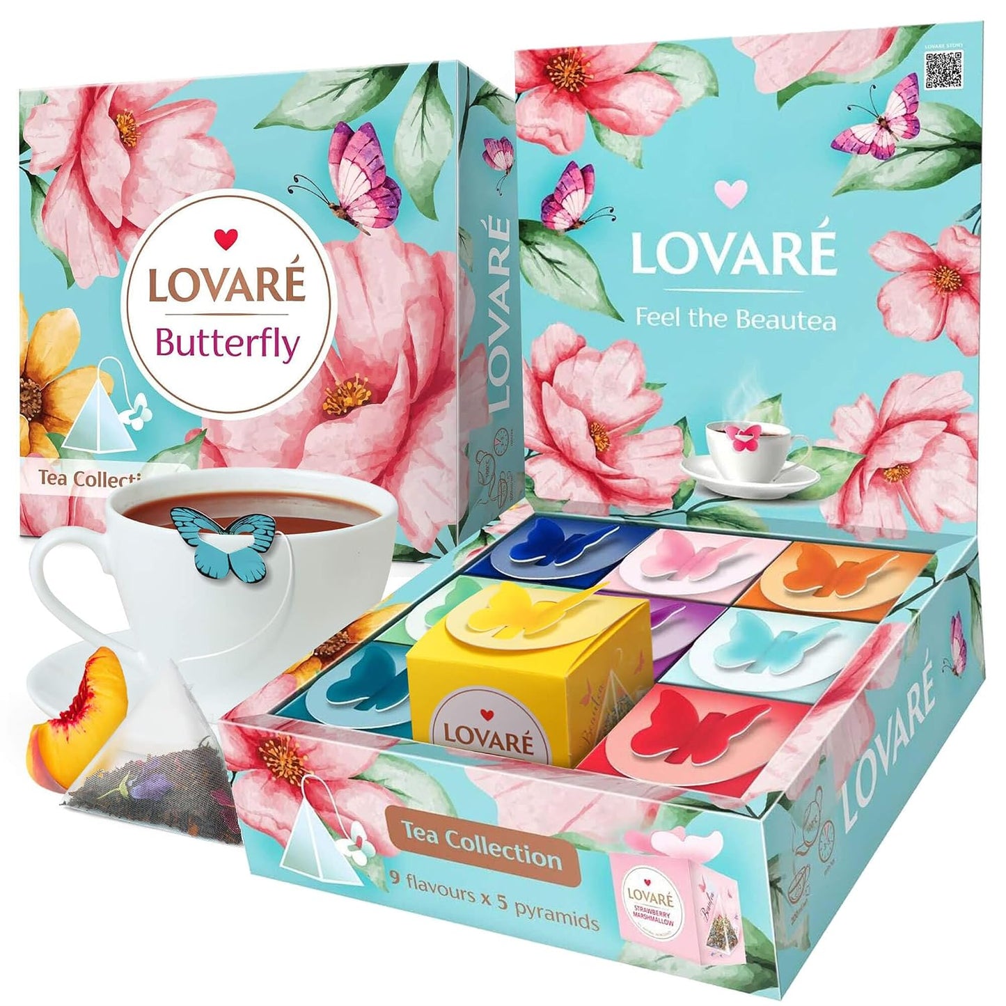 Lovare Assorted Tea Pyramid Bags 45 Pack - Made in Ukraine - 9 Tastes of Tea Sampler Pyramids - Assortment with Black and Green Tea, Fruits, Flowers
