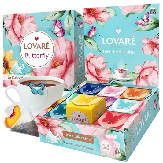 Lovare Assorted Tea Pyramid Bags 45 Pack - Made in Ukraine - 9 Tastes of Tea Sampler Pyramids - Assortment with Black and Green Tea, Fruits, Flowers