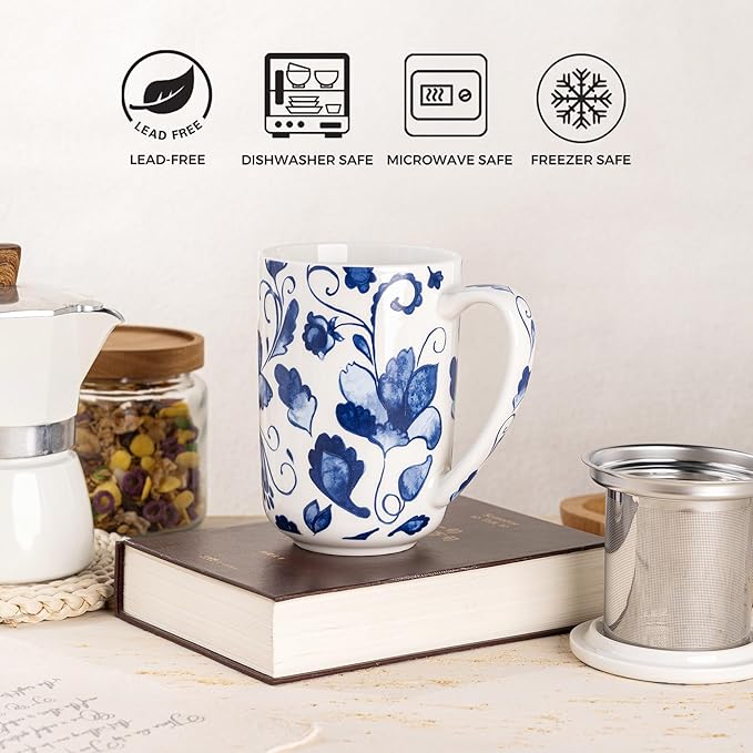 Gbhome Tea Mug with Infuser and Lid, 18 Ounce Large Ceramic Loose Leaf Cup, Microwave, Dishwasher Safe