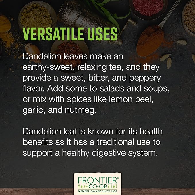 Frontier Co-op Organic Dandelion Leaf, Cut and Sifted - Dried for Loose Tea, Caffeine-Free Coffee Alternative, or Powder Supplement Capsules - Kosher | 16 Ounce (Pack of 1)