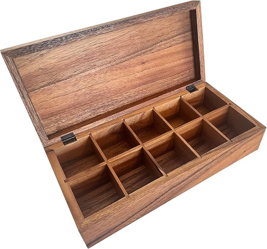 Ironwood Gourmet Acacia Wood Tea Box, XL Rectangular Tea Chest, 10 Compartment