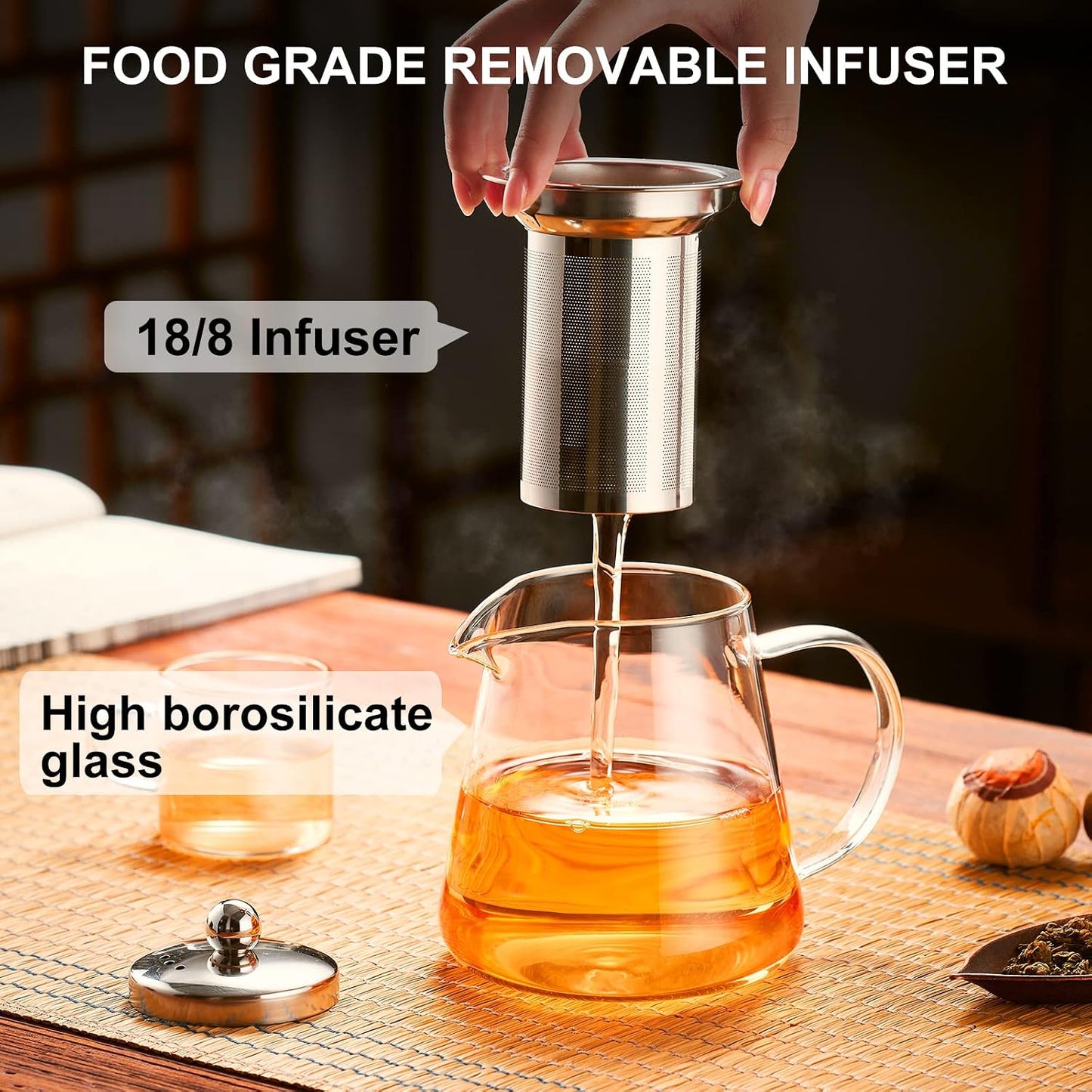PARACITY Glass Teapot Stovetop 18.6 OZ, Borosilicate Clear Tea Kettle with Removable 18/8 Stainless Steel Infuser, Teapot Blooming and Loose Leaf Tea Maker Tea Brewer for Camping, Travel (550ML) | Tea infuser &amp; tea strainer. Blooming tea; clear teapot