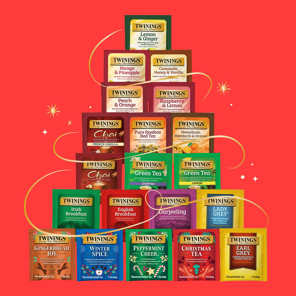 Twinings Tea Advent Calendar Gift Set, 24-Day Holiday Sampler with Black, Green & Herbal Teas, Christmas Countdown Box for