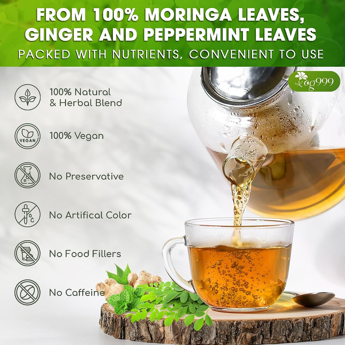 TOG999 Premium Moringa Tea Bags, Ginger Peppermint Herbal Blend, 120 Count