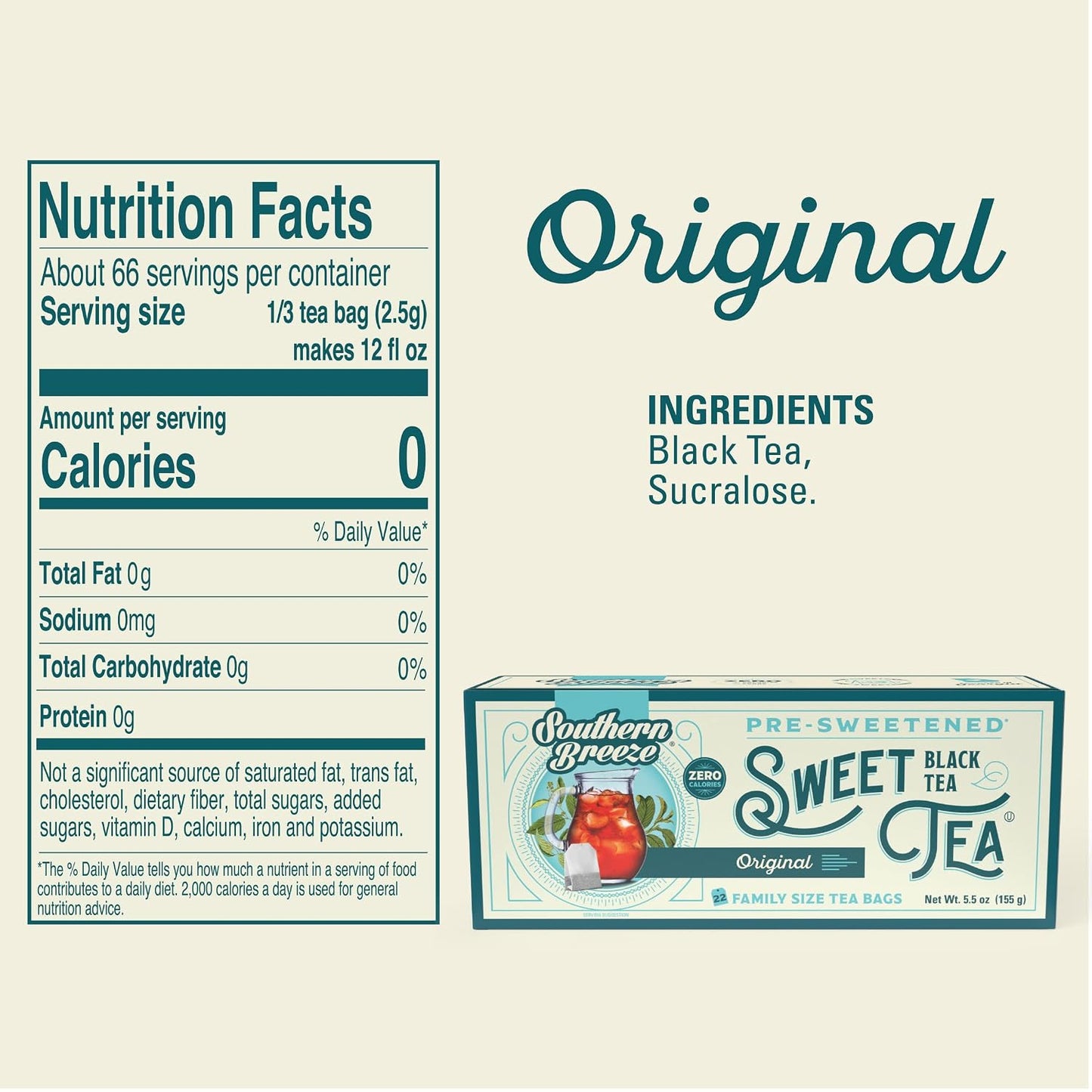 Southern Breeze Original Family Size Tea Bags, 22 Ct (Pack of 6) | Southern-Style Sweet Tea | By the Pitcher | Zero Sugar | Zero Carbs | Hot Brew Ready | Perfect for Family