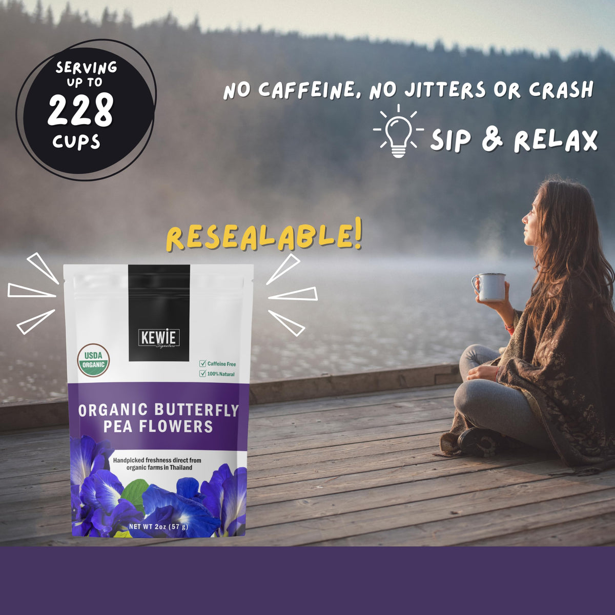KEWIE Signature Butterfly Pea Flower Tea – 2oz Premium-Grade Blue Butterfly Pea Flower Organic Loose Leaf Tea –
