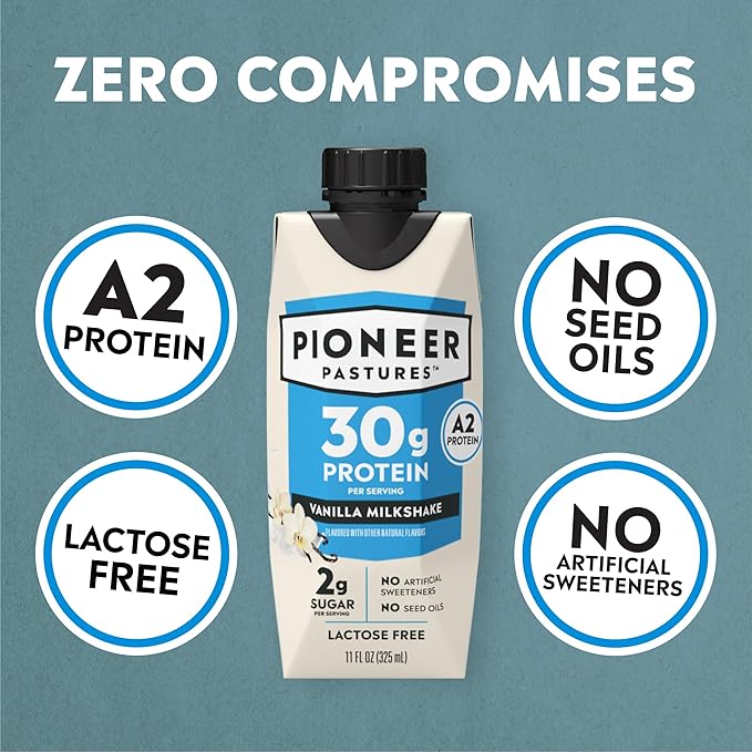 Pioneer Pastures - High Protein A2 Milkshakes - Vanilla - A2 Nutritional Milk, 30g Protein, 2g Sugar, No Sweeteners, No Seed Oils - All-Natural