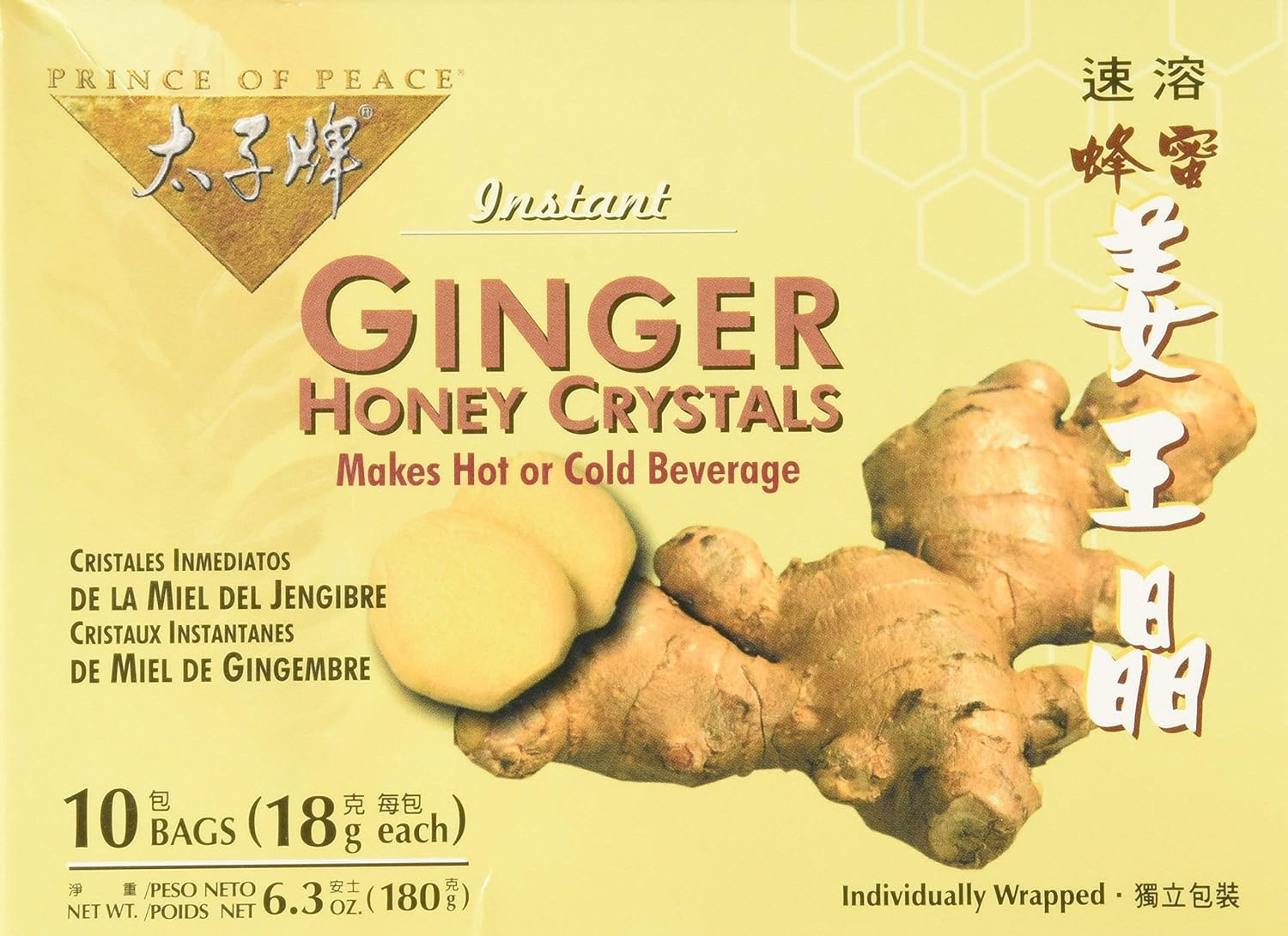 Prince Of Peace Ginger Honey Instant Crystal Tea - 10 bags per pack - 6 packs per case.