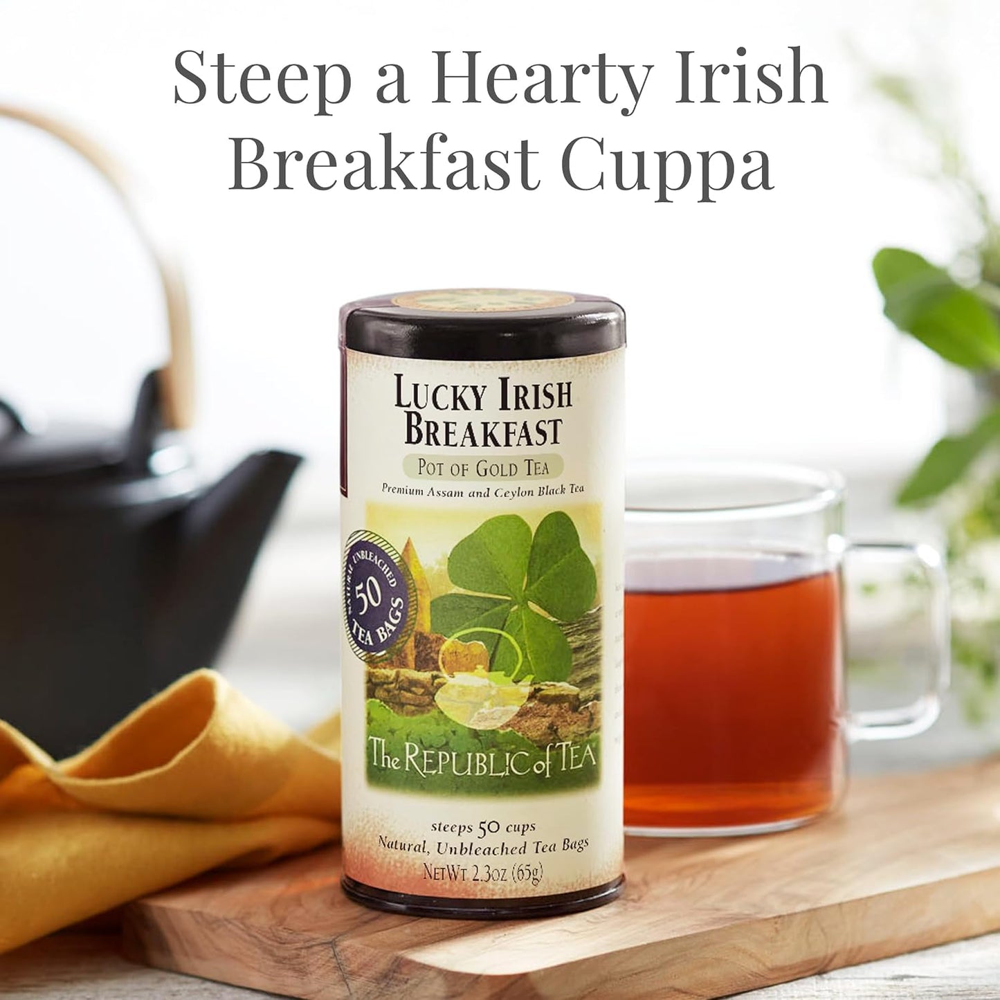 The Republic of Tea Lucky Irish Breakfast Black Tea, 50 Count | Naturally Caffeinated. Made for morning or afternoon sipping. Brisk and full-bodied. Gluten Free and Kosher.