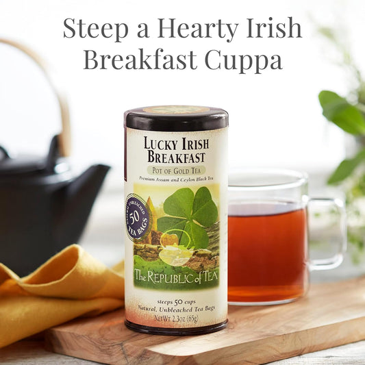The Republic of Tea Lucky Irish Breakfast Black Tea, 50 Count | Naturally Caffeinated. Made for morning or afternoon sipping. Brisk and full-bodied. Gluten Free and Kosher.
