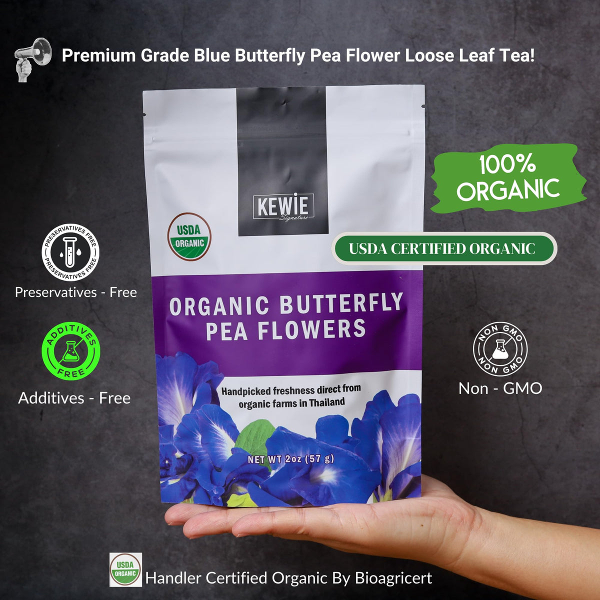 KEWIE Signature Butterfly Pea Flower Tea – 2oz Premium-Grade Blue Butterfly Pea Flower Organic Loose Leaf Tea –