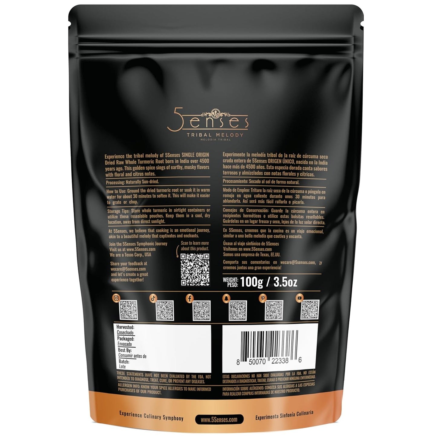 5Senses Dried Whole Turmeric Root, Single Origin, Sun Dried, 100g, 3.5oz | Premium Single Origin Dried Whole Turmeric Root With Rich Aroma And Bold Flavor For Tea, Cooking, Curries And Spice Blends.