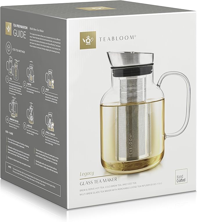 Teabloom 100% Plastic-Free Large Multi-Brew Borosilicate Glass Teapot + Kettle + Pitcher – Steep and Serve Hot Tea, Iced Tea