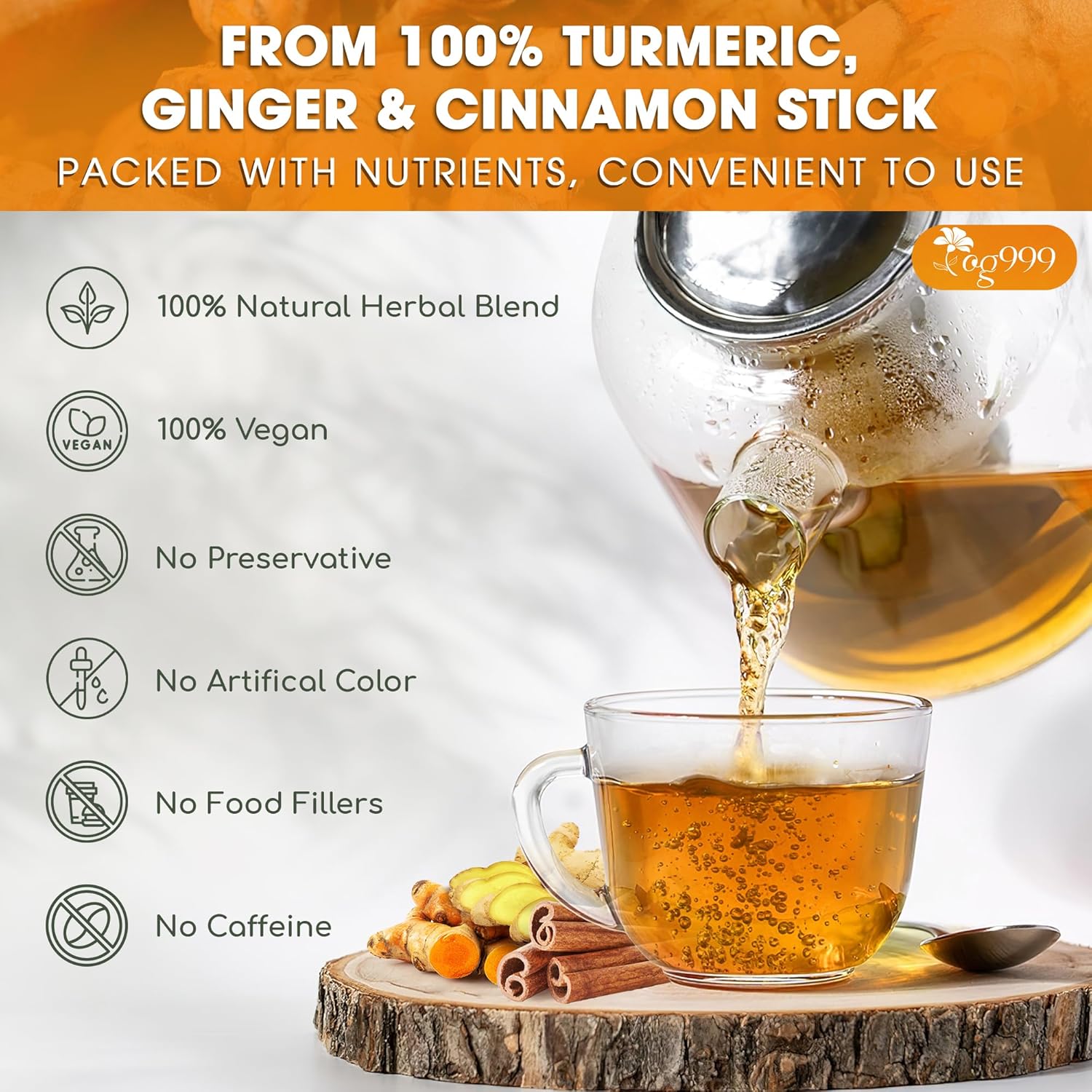 TOG999, Premium 12oz Ginger Turmeric Cinnamon Loose Leaf Herbal Tea. Improve Digestion, Support Brain, Weight, Skin and Sleep. Premium Quality Spiced Blend. No Sugar, No Caffeine, No Gluten, Vegan.