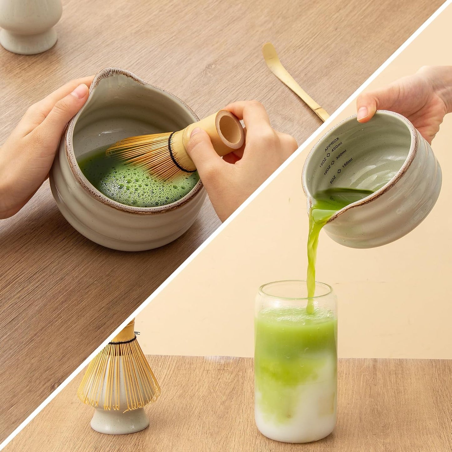 Ceramic Matcha Bowl with Bamboo Whisk Holder, Grey, Set of 2 | 16.5OZ Bowl with Spout and Measurement Marks, Japanese Tea Mixing Bowl with Whisk Stand, Matcha Gift Set, Ideal Gift Choice