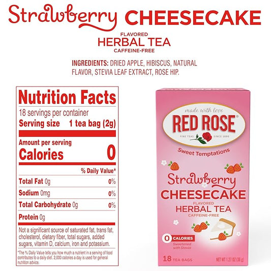Red Rose Sweet Temptations Dessert Tea Strawberry Cheesecake, Zero Carbs, Zero Sugar Bursting with Flavor Caffeine-Free Delicious Beverage Herbal Tea, 18 Count Fruit Naturally Flavored Herbal Tea