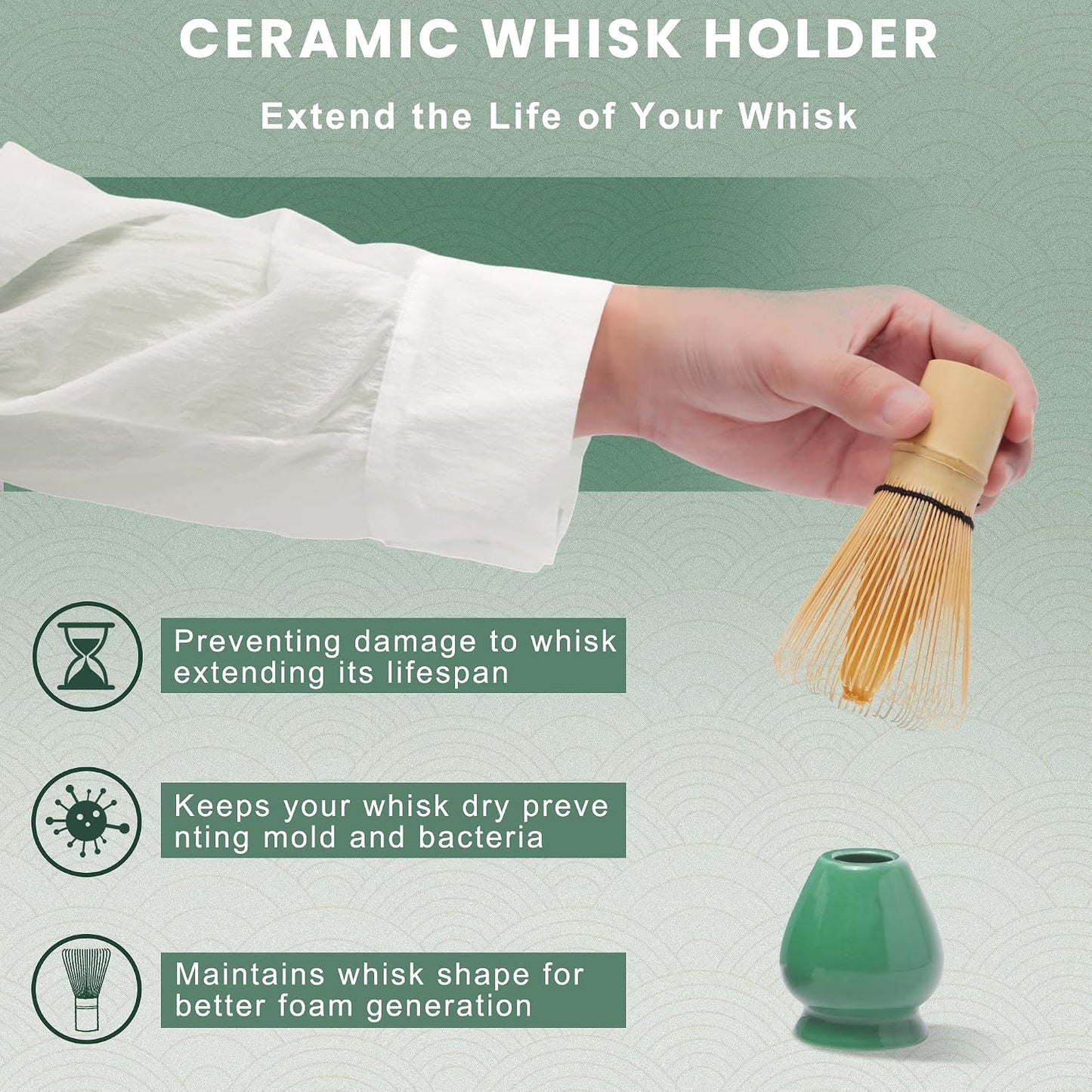 6-Piece Matcha Set, Matcha Whisk (Chasen) &amp; Holder, Matcha Bowl with Spout, Sifter &amp; Spoon, Bamboo &amp; Ceramic, Dark Green