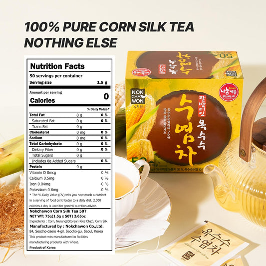 [Nokchawon] Korean Corn Silk Tea Bags - Caffeine Free Roasted Corn Tea for Wellness, Daily Hydration and De-bloating Support - Traditional Savory Grain Tea - 50 Count