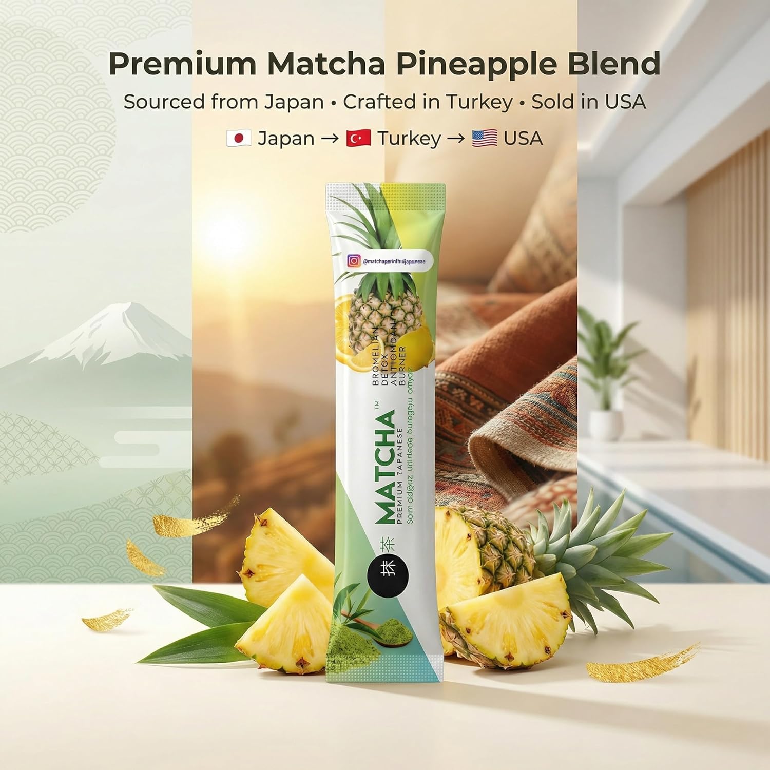 Premium Japanese Matcha Pineapple & Lemon Energy Drink Mix – 10 Single Serve Packets (8g) – Organic Matcha Green Tea with Bromelain – Smooth Citrus Flavor, Rich in Antioxidants - Bonus 1 Pk Matcha Chocolate Included