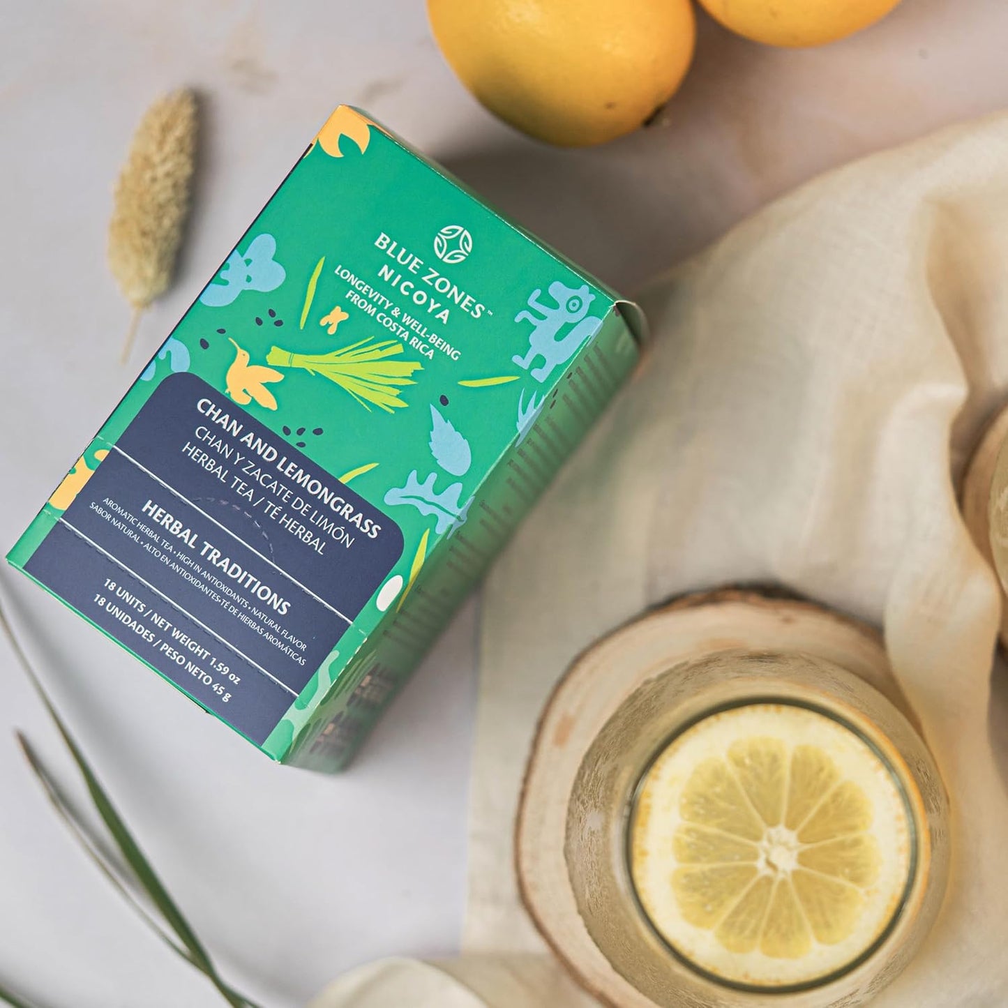 Blue Zones Nicoya Chan &amp; Lemon Grass Herbal Tea Pack of 18 (1.6oz/45g) | 100% Natural, Organic, and Refreshing - High Micronutrients - Gluten, Caffeine, Sugar-Free